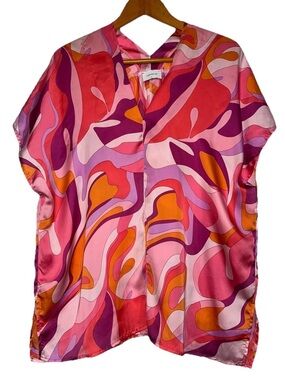 ADRIENNE Flowy Satin Retro Abstract Print Blouse Size L 70s Hippie Bold Artsy